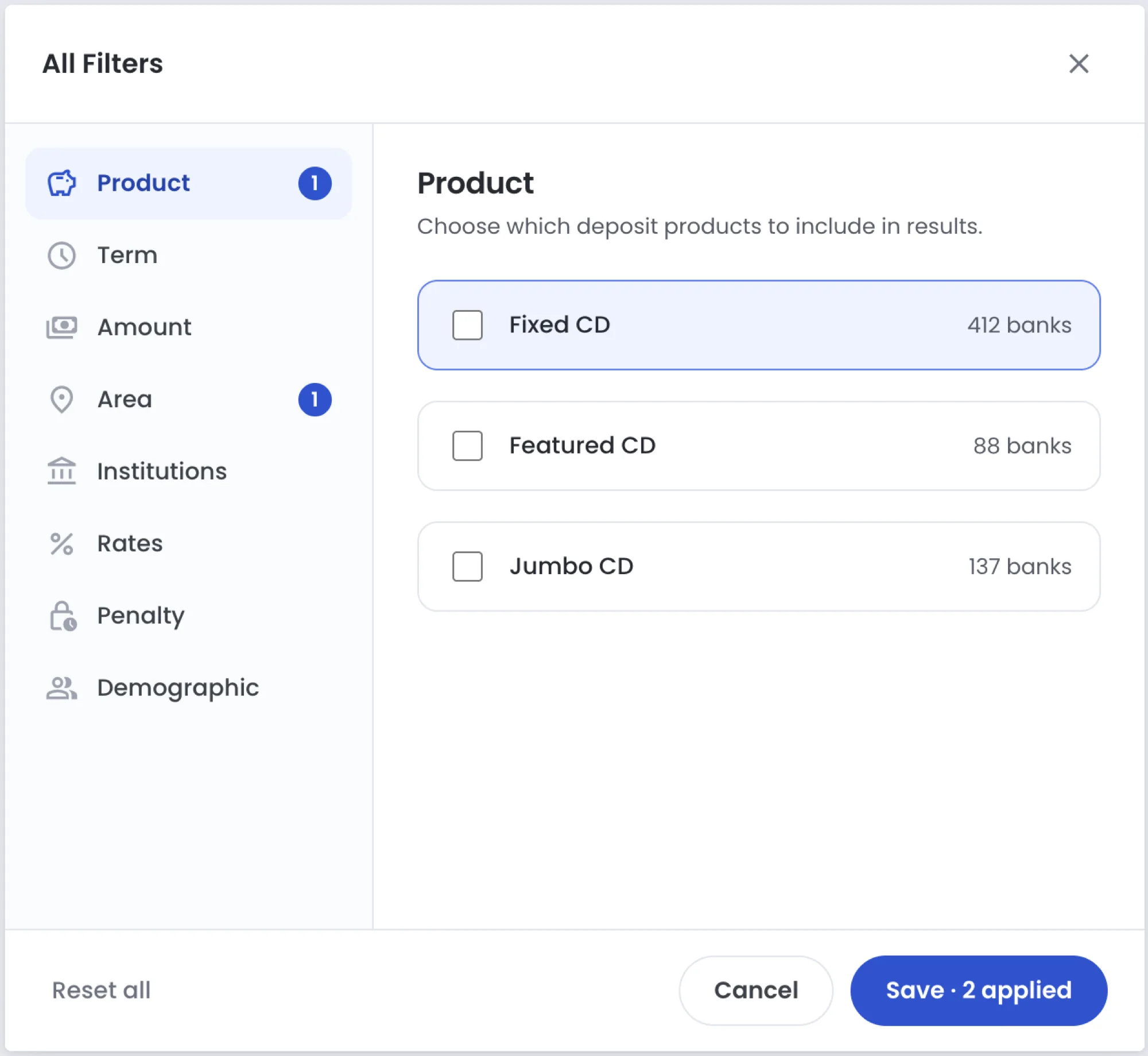 Filter direction two: a two-pane layout with categories on the left and options with bank counts on the right.